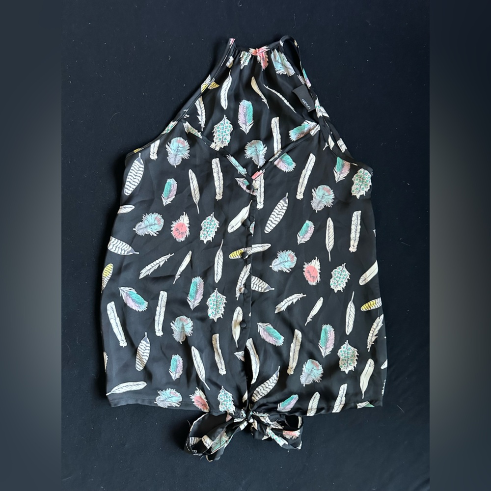 Anthropology Greylin Black Feather Print Halter Tank Top front tie XS